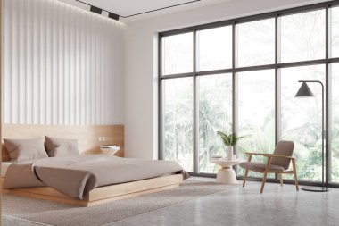 Otelin yatak odası manzarası, yatak ve koltuk manzarası, beton zeminde yan manzara. Tropik bölgelerde panoramik penceresi olan şık, rahatlatıcı bir köşe. 3B görüntüleme