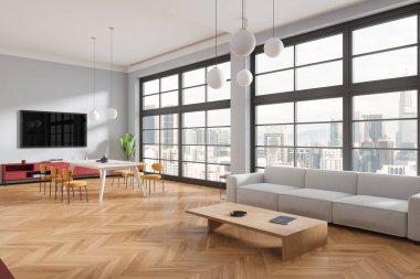 Oturma odası manzarası, yemek masası ve TV, süslemeli büfe ve ahşap döşemeli kanepe. Kuala Lumpur gökdelenlerinin panoramik penceresi. 3B görüntüleme