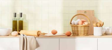 Açık yeşil mutfak içi ahşap sepet ve yumurtalar, havlu ve mutfak gereçleri tezgahta. Modern apartmanda Paskalya tatili için yemek pişirmek. 3B görüntüleme