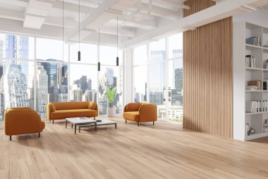 Modern oturma odası manzarası kanepe, ahşap zeminde kahve masası. Kitaplı raflar, New York gökdelenlerinde panoramik pencereler. 3B görüntüleme
