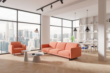 Beyaz duvarları, ahşap zemini, rahat turuncu kanepesi ve sehpanın yanında duran koltuğu olan şık bir oturma odası. 3d oluşturma