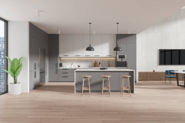 Beyaz duvarları, ahşap zemini, gri dolapları, tabureleri ve mavi sandalyeli uzun yemek masası olan lüks bir mutfağın içi. 3d oluşturma