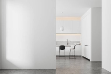 Bar tezgahı, mutfak gereçleri ve beton zemin rafları olan lüks bir ev mutfağı. Minimalist aletleri olan modern yemek alanı. Boşluğu kopyalamak için duvar bölümü boş. 3B görüntüleme