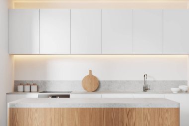 Kuvars tezgahı, lavabosu ve elektrikli ocağı mutfak gereçleri ve rafları olan şık bir ev mutfağı. Minimalist aletleri olan modern yemek alanı. 3B görüntüleme