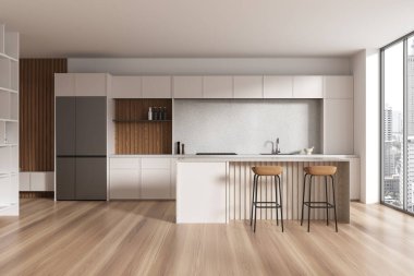 Beyaz ve ahşap duvarları, ahşap zemini, rahat beyaz dolapları, dolapları ve tabureli beyaz adası olan şık bir mutfak. 3d oluşturma