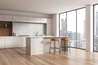 Ev mutfağı manzarası, bar adası, mutfak gereçleri ve soba. Bangkok gökdelenlerinde panoramik pencereli modern yemek alanı. 3B görüntüleme