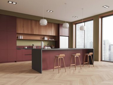 Mutfak manzarası, mutfak tezgahı, mutfak gereçleri ve buzdolabı ile lavabo ve soba. Gökdelenlerde panoramik pencereli lüks yemek alanı. 3B görüntüleme