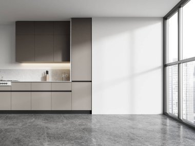 Gri beton zeminde mutfak dolabı olan lüks bir ev mutfağı. Gökdelenlerde panoramik penceresi olan modern bir dairede yemek pişirme alanı. Boşluk duvarını kopyala. 3B görüntüleme