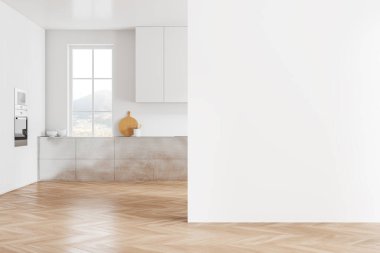 Beyaz ev mutfağı. Metal ve beyaz dolaplı, ahşap döşemeli. Kırsal kesimde panoramik penceresi olan modern bir dairede yemek pişirme alanı. Boş duvar bölmesini düzenle. 3B görüntüleme