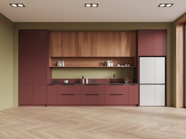 Yeşil duvarları, ahşap zemini, ahşap dolapları ve fırında ve lavaboda bulunan rahat kırmızı dolapları olan şık bir mutfak. 3d oluşturma