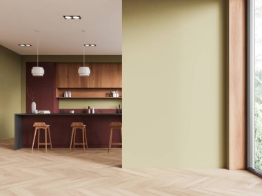 Bar tezgahı olan modern ev mutfağı, mutfak gereçleri olan lavabo ve soba. Sandalyeli yemek masası ve dekorasyonlu raf. Boşluk duvarını kopyala. 3B görüntüleme