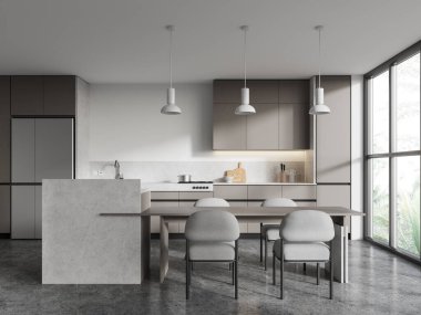 Lüks ev mutfağı, mutfak dolabı, buzdolabı, masa ve sandalyeli bar tezgahı. Tropik bölgelerde panoramik pencere olan bir yer. 3B görüntüleme