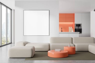 Stüdyonun içinde kanepe ve mutfak gereçleri olan yemek dolabı var. Minimalist mobilyaları ve gökdelenlerde panoramik pencereleri olan modern bir daire. Boş kare posteri. 3B görüntüleme