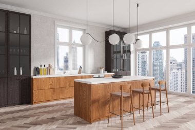 Modern mutfağın köşesinde beyaz duvarlar, ahşap zemin, ahşap dolaplar, dolaplar ve tabureli rahat ahşap bir ada. 3d oluşturma