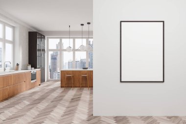Beyaz duvarları, ahşap zemini, ahşap dolapları, dolapları ve tabureli rahat ahşap adası olan modern mutfağın içi. Dikey model poster çerçevesi. 3d oluşturma