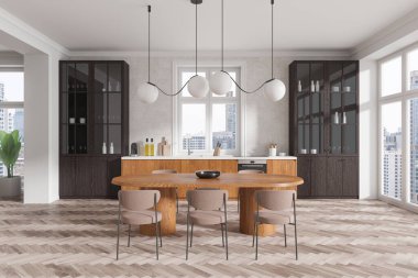 Beyaz duvarları, ahşap zemini, ahşap dolapları, dolapları ve sandalyeli uzun yemek masası olan şık bir mutfak. 3d oluşturma