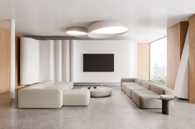 Modern ev oturma odasının iç dekorasyonu kanepe ve televizyon ekranı beton zeminli kahve masası. Bangkok gökdelenlerinin panoramik penceresi. 3B görüntüleme