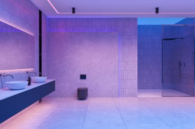 Modern banyo, beyaz duvarlar, beton zemin, duşta rahat yürümek ve uzun aynalı çift lavabo. Mor neon ışıklar. 3d oluşturma