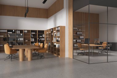 Beyaz ve ahşap duvarlı şık ofis toplantı odasının köşesi, beton zemin, yanında sarı sandalyeler ve açık alan olan uzun konferans masası. 3d oluşturma