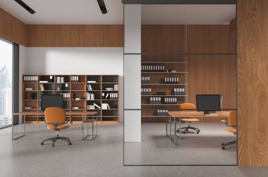 Çalışma masası, bilgisayar ve beton zemin ile birlikte çalışma tarzı. Minimalist mobilyaları ve cam odası olan bir işyeri, Bangkok gökdelenlerinde panoramik pencere. 3B görüntüleme