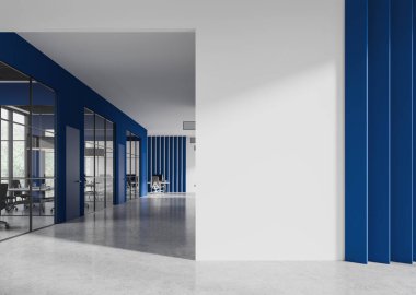 Beyaz ve mavi ofis içi, konferans odası ve panosu, beton zemin üzerinde ortak çalışma alanı. Tropik bölgelerde panoramik pencere. Boşluk duvarını kopyala. 3B görüntüleme