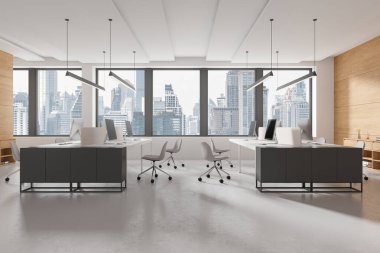 Ofisin iç kısımlarında dizili bilgisayar ve parlak beton zemin var. Bangkok gökdelenlerinde büfe ve panoramik pencereli minimalist çalışma alanı. 3B görüntüleme