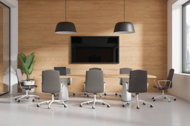 Tahta ve sandalyeli ahşap iç mekan, duvarda televizyon ekranı. Bangkok gökdelenlerinde panoramik pencereli bir iş yeri. 3B görüntüleme