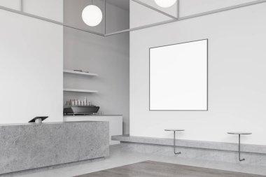 Bar tezgahı ve kahve makinesiyle modern kafe manzarası. Sıraya dizilmiş tablolarla yemek yeme alanı. Kare bir tuval posteri yap. 3B görüntüleme