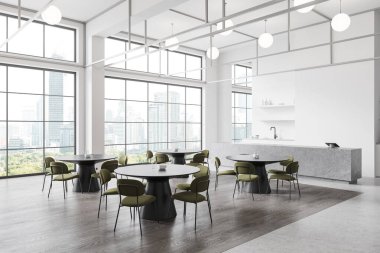 Restoranın iç tarafının köşesinde yemek masaları ve sandalyeler, ahşap zemin. Bar adası ve raflı dolap, Bangkok gökdelenlerinde panoramik pencere. 3B görüntüleme