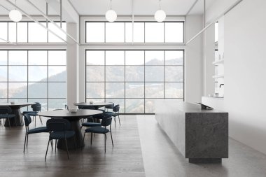 Yemek masası, sandalyeler ve ahşap döşeme olan şık bir restoran. Bar adası ve raflı dolap, kırsal alanda panoramik pencere. 3B görüntüleme