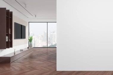 Beyaz ve kahverengi duvarlı, ahşap zeminli, ahşap şifoniyerin üstünde asılı televizyonlu ve sağındaki uzay duvarını kopyalayan şık bir oturma odası. 3d oluşturma