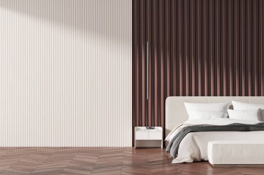 Şık bir otel odası iç yatağı, bej çarşaflar, ahşap döşemeler. Rahat rahat bir oda, şık mobilyalar ve kitaplı komodin. Boşluk duvarını kopyala. 3B görüntüleme