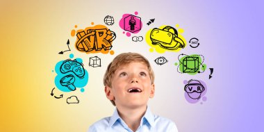 Mor ve sarı arka planda çizilmiş renkli sanal gerçeklik ikonlarına bakan küçük çocuk şaşırdı. Siber uzay ve metaevren kavramı