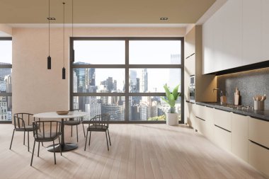 İçinde bej duvarlar, ahşap zemin, beyaz dolaplar, bej dolaplar ve sandalyeli yuvarlak yemek masası olan şık bir mutfak. 3d oluşturma