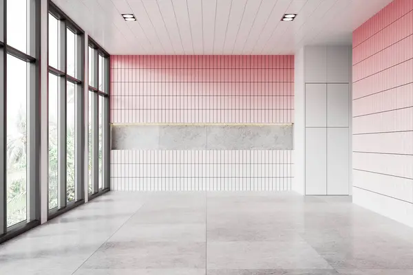白とピンクのホテルのバスルームインテリア トロピックのパノラマウィンドウ タイルコンクリート床の白い棚 スタイリッシュなアパートメントで空の入浴エリア 3Dレンダリング — ストック写真