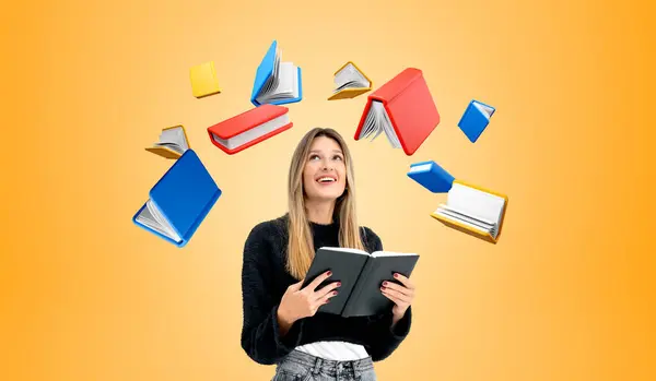 Inspired Young Woman Notebook Hands Flying Colorful Cartoon Books Orange — Stock Photo, Image