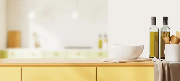 Interior Elegante Cocina Con Paredes Blancas Cómodos Gabinetes Amarillos Pie — Foto de Stock