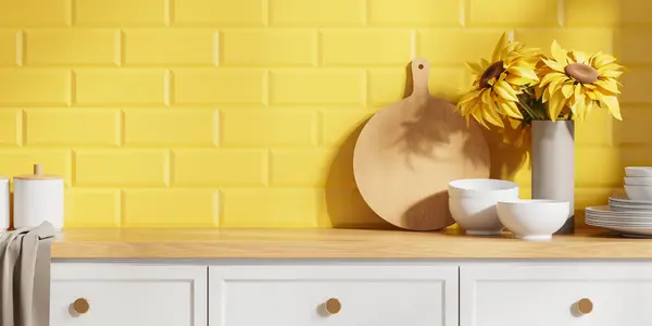 居心地の良い黄色の家庭用キッチンインテリア キッチン用品 タイルの壁付き調理スペース 木製のカウンタートップを皿で閉じます 3Dレンダリング — ストック写真