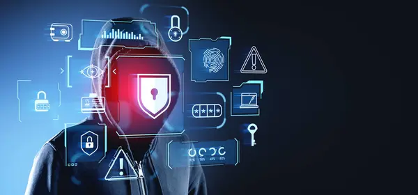 Hooded Man Hacker Double Exposure Glowing Online Cybersecurity Icons Padlock — Stock Photo, Image