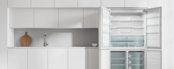 キッチン用品が付いている調理キャビネットが付いている白い家の台所の内部は空の二重ドアの冷蔵庫を開けました モダンなアパートでエリアと家具を食べる 3Dレンダリング — ストック写真