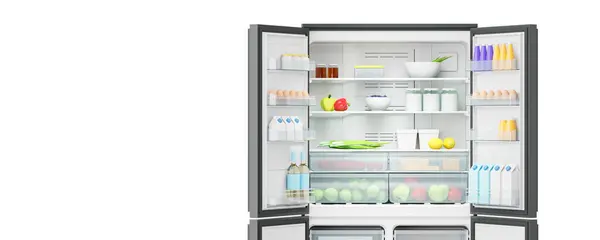 Primer Plano Del Refrigerador Abierto Lleno Diversos Alimentos Fondo Blanco —  Fotos de Stock