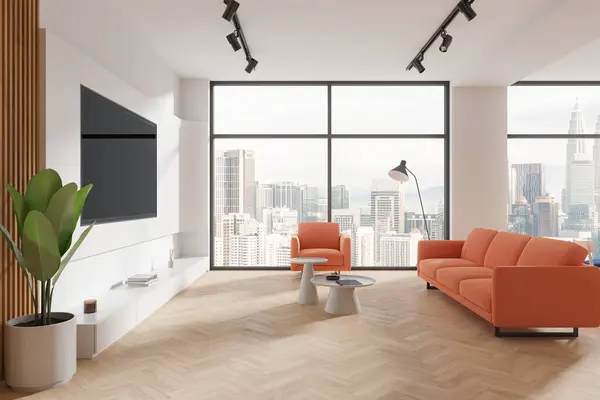 stock image Interior of modern living room with white and wooden walls, wooden floor, comfortable orange sofa and TV set on the wall. 3d rendering