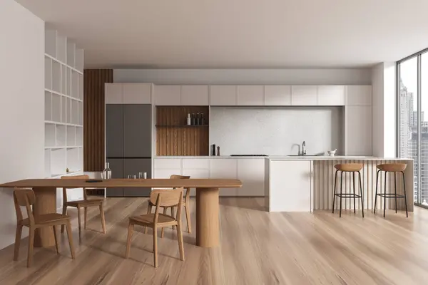 Modern home kitchen interior with bar island, dining table with chairs, sink and stove with kitchenware. Panoramic window on Bangkok skyscrapers. 3D rendering