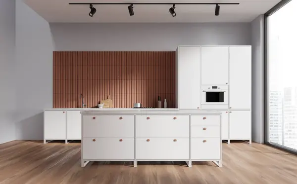 白とベージュの壁 木製の床 調理器具とシンクと白い島で構築された快適な白いキャビネットのスタイリッシュなキッチンのインテリア 3Dレンダリング — ストック写真