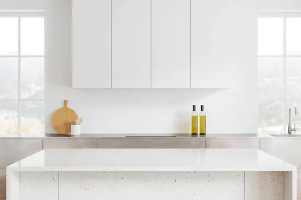 Home Küche Innenausstattung Mit Stein Bar Insel Metall Und Weißen — Stockfoto