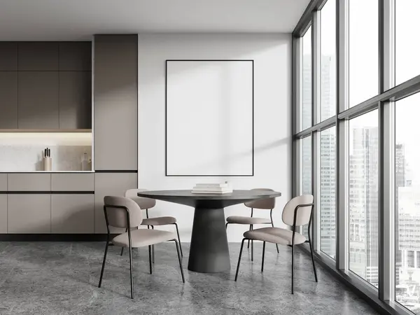 Beyaz Duvarlı Modern Mutfak Beton Zemin Gri Dolaplar Dolaplar Sandalyeli — Stok fotoğraf