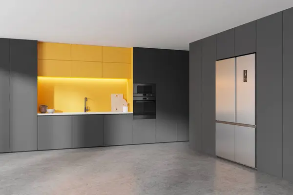Vista Canto Interior Cozinha Preto Amarelo Com Geladeira Piso Concreto — Fotografia de Stock