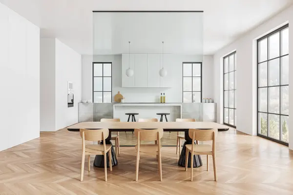 Interior Cozinha Moderna Casa Com Mesa Jantar Madeira Cadeiras Divisória — Fotografia de Stock