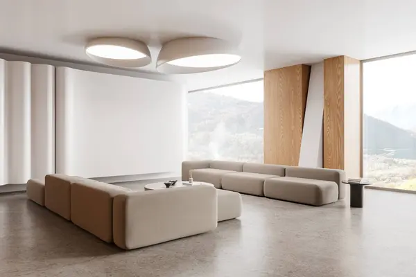 Eckansicht Des Wohnzimmers Mit Modularem Sofa Und Couchtisch Minimalistische Dekoration — Stockfoto