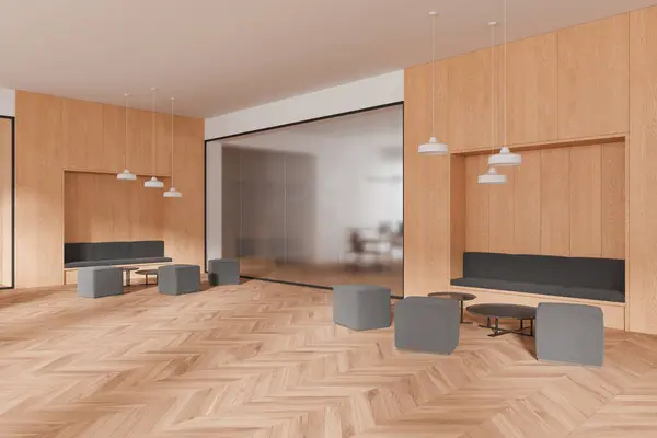 ベージュの壁 木製の床 快適な灰色のソファー コーヒーテーブルの近くに立っているアームチェア付きのモダンなオフィスの待合室のコーナー 3Dレンダリング — ストック写真